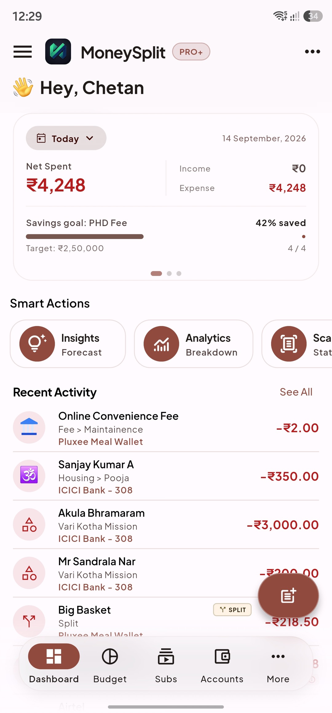 MoneySplit dashboard showing daily spend summary