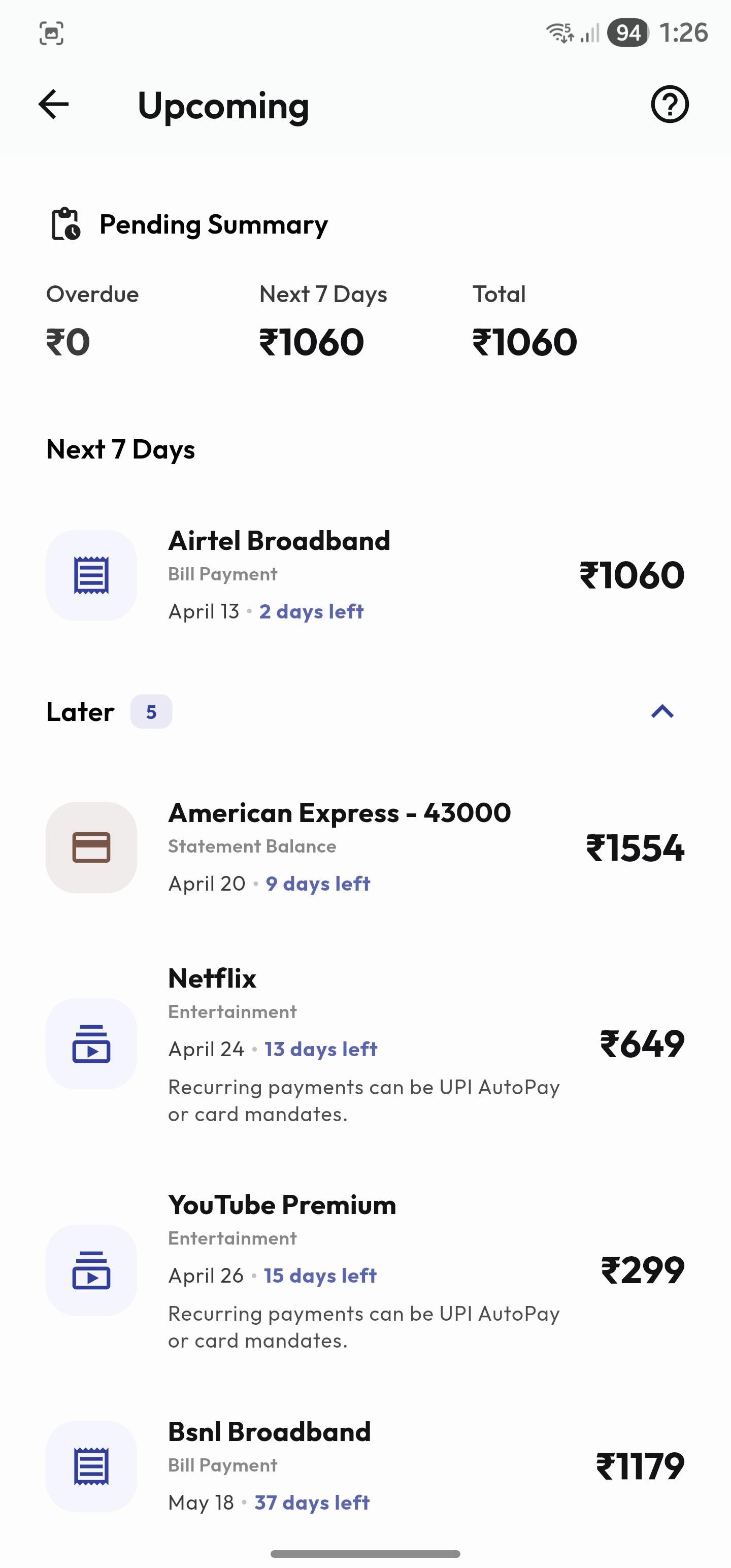 Bills and upcoming due dates